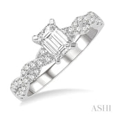 7/8 Ctw Twisted Shank Round Cut Diamond Engagement Ring With 1/2 Ct Emerald Cut Center Stone in 14K White Gold
