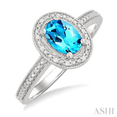 7x5 MM Oval Shape Blue Topaz and 1/50 Ctw Single Cut Diamond Semi-precious Ring in Sterling Silver