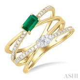 5x3 MM Emerald and 1/4 Ctw Round Cut Diamond Double Criss Cross Lovebright Precious Ring in 10K Yellow and White Gold