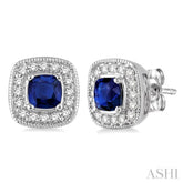4x4 MM Cushion Shape Sapphire and 1/5 Ctw Round Cut Diamond Earrings in 14K White Gold