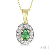 6x4 MM Oval Cut Emerald and 1/5 Ctw Round Cut Diamond Pendant in 14K Yellow Gold with Chain