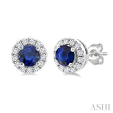 3.25 MM Round Sapphire and 1/10 Ctw Single Cut Diamond Halo Precious Stud Earrings in 14K White Gold