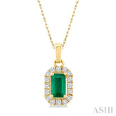 5x3 MM Octagonal Shape Emerald and 1/20 Ctw Single Cut Diamond Halo Precious Pendant with Chain in 10K Yellow Gold