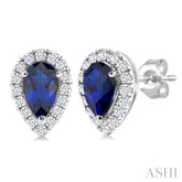 5x3 MM Pear Shape Sapphire and 1/8 Ctw Single Cut Diamond Halo Precious Stud Earrings in 10K White Gold