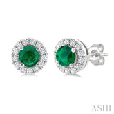 3.25 MM Round Emerald and 1/10 Ctw Single Cut Diamond Halo Precious Stud Earrings in 14K White Gold