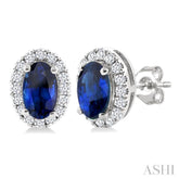 5x3 MM Oval Shape Sapphire and 1/8 Ctw Single Cut Diamond Halo Precious Stud Earrings in 14K White Gold
