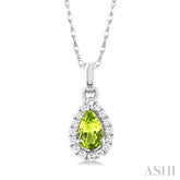 5x3 MM Pear Shape Peridot and 1/20 Ctw Single Cut Diamond Halo Semi-Precious Pendant with Chain in 10K White Gold