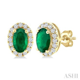 5x3 MM Oval Shape Emerald and 1/8 Ctw Single Cut Diamond Halo Precious Stud Earrings in 10K Yellow Gold