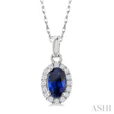 5x3 MM Oval Shape Sapphire and 1/20 Ctw Single Cut Diamond Halo Precious Pendant with Chain in 10K White Gold