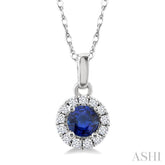 3.25 MM Round Sapphire and 1/20 Ctw Single Cut Diamond Halo Precious Pendant with Chain in 14K White Gold