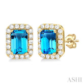 6x4 MM Octagonal Shape Blue Topaz and 1/4 Ctw Round Cut Diamond Halo Semi-Precious Stud Earrings in 10K Yellow Gold