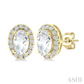 5x3 MM Oval Shape White Topaz and 1/8 Ctw Round Cut Diamond Halo Semi-Precious Stud Earrings in 10K Yellow Gold