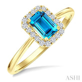 6x4 MM Octagonal Shape Blue Topaz and 1/6 Ctw Round Cut Diamond Halo Semi-Precious Ring in 10K Yellow Gold