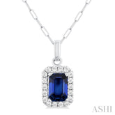 6x4 MM Octagonal Shape Sapphire and 1/6 Ctw Round Cut Diamond Halo Precious Pendant with Chain in 14K White Gold