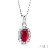 5x3 MM Oval Shape Ruby and 1/20 Ctw Single Cut Diamond Halo Precious Pendant with Chain in 10K White Gold