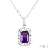 6x4 MM Octagonal Shape Amethyst and 1/6 Ctw Round Cut Diamond Halo Semi-Precious Pendant with Chain in 10K White Gold