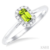 5x3 MM Octagonal Shape Peridot and 1/20 Ctw Single Cut Diamond Halo Semi-Precious Ring in 14K White Gold