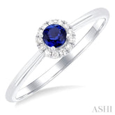 3.25 MM Round Sapphire and 1/20 Ctw Round Cut Diamond Halo Precious Ring in 14K White Gold