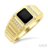 1/10 Ctw 8X7 MM Emerald Cut Onyx and Round Cut Diamond Semi-Precious Men's Ladder Groove Shank Ring in 10K Yellow Gold