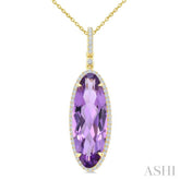 22X8 MM Oval Shape Amethyst and 1/4 Ctw Round Cut Diamond Semi-Precious Pendant With Chain in 14K Yellow Gold