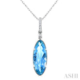 16X6 MM Oval Shape Blue Topaz and 1/20 Ctw Round Cut Diamond Semi-Precious Pendant With Chain in 10K White Gold