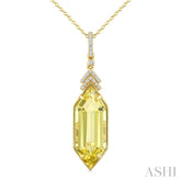 22X8 MM Hexagon Shape Lemon Quartz and 1/10 Ctw Round Cut Diamond Semi-Precious Pendant With Chain in 14K Yellow Gold