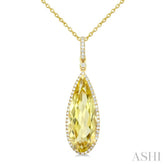 22X8 MM Pear Shape Lemon Quartz and 1/4 Ctw Round Cut Diamond Semi-Precious Pendant With Chain in 14K Yellow Gold