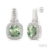 8x8 MM Cushion Shape Green Amethyst and 1/20 Ctw Single Cut Diamond Earrings in Sterling Silver