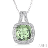 10x10 MM Cushion Shape Green Amethyst and 1/20 Ctw Single Cut Diamond Pendant in Sterling Silver with Chain