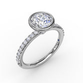 Contemporary Bezel-Set Round Diamond Solitaire Engagement Ring With Diamond Band