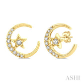 1/10 Ctw Crescent Moon and Star Round Cut Petite Diamond Fashion Stud Earring in 10K Yellow Gold
