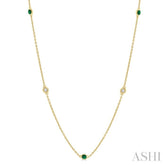 1.75 MM Emerald and 1/6 Ctw Round Cut Diamond Precious Station Necklace in 14K Yellow Gold
