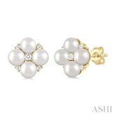 4 MM Round Shape Floral Cultured Pearls and 1/10 Ctw Round Cut Diamond Fashion Stud Earring in 10K Yellow Gold