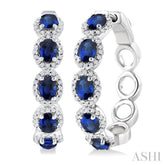 4X3 MM Oval Cut Sapphire and 1/2 Ctw Round Cut Diamond Halo Precious Hoop Earring in 14K White Gold