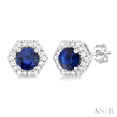 3.5 MM Round Sapphire and 1/10 Ctw Round Cut Diamonds Halo Precious Stud Earrings in 10K White Gold