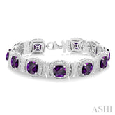 7X7 MM Cushion Shape Amethyst and 1/10 Ctw Round Cut Diamond Semi-Precious Bracelet in Sterling Silver