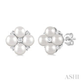 4 MM Round Shape Floral Cultured Pearls and 1/10 Ctw Round Cut Diamond Fashion Stud Earring in 10K White Gold