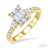 3/4 Ctw Emerald Shape Baguette, Pear and Round Cut Diamond Fusion Engagement Ring in 14K Yellow and White Gold