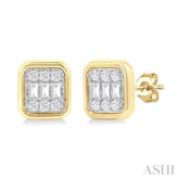 1/5 Ctw Petite Bezel Set Emerald Shape Fusion Baguette and Round Cut Diamond Fashion Stud Earring in 10K Yellow Gold