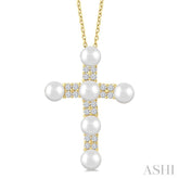 4 MM Cross Cultured Pearl and 1/5 Ctw Round Cut Diamond Fashion Pendant With Chain in 10K Yellow Gold