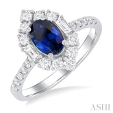 7x5 MM Oval Cut Sapphire & 5/8 Ctw Baguette and Round Cut Diamond Halo Precious Ring in 14K White Gold