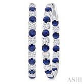 2.9 MM Round Sapphire and 2 5/8 Ctw Round Cut Diamond Inside & Outside Alternating Precious Hoop Earrings in 14K White Gold
