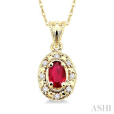 5x3 MM Oval Shape Ruby and 1/20 Ctw Single Cut Diamond Pendant in 10K Yellow Gold with Chain