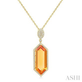 26x10 MM Hexagon Shape Citrine and 1/2 Ctw Round Cut Diamond Halo Semi-Precious Pendant With Chain in 14K Yellow Gold