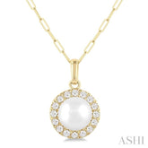 6 MM Cultured White Pearl and 1/6 Ctw Single Cut Diamond Halo Pendant With Chain in 10K Yellow Gold