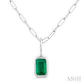 6x4 MM Bezel Set Emerald Precious Fashion Pendant With Paperclip Chain in 10K White Gold