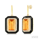 12x8 MM Emerald Cut Citrine and 1/3 Ctw Round Cut Diamond Halo & Black Enamel Border Semi-Precious Earrings in 14K Yellow Gold