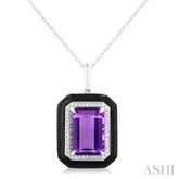 14x10 MM Emerald Cut Amethyst and 1/5 Ctw Round Cut Diamond Halo & Black Enamel Border Semi-Precious Pendant With Chain in 14K White Gold