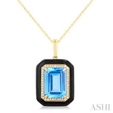 14x10 MM Emerald Cut Blue Topaz and 1/5 Ctw Round Cut Diamond Halo & Black Enamel Border Semi-Precious Pendant With Chain in 14K Yellow Gold