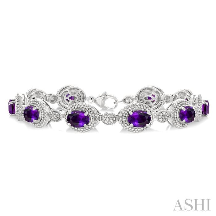 7X5 MM Oval Shape Amethyst and 1/10 Ctw Single Cut Diamond Semi-Precious Bracelet in Sterling Silver